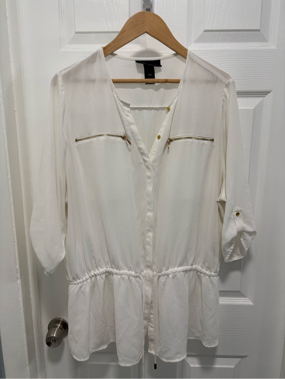Lane Bryant Cream Peplum Drawstring Blouse with Gold Zips